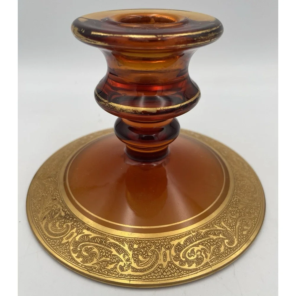 Vtg. Amber Glass Candle Holders Candlestick Pair Gold Encrusted Base Trim 1920's